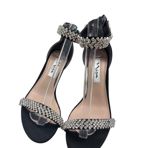 NINA BLACK LUSTER SATIN VAUNA ANKLE-STRAP 3.5” HEEL EVENING SANDAL SIZE 7W - Picture 7 of 12
